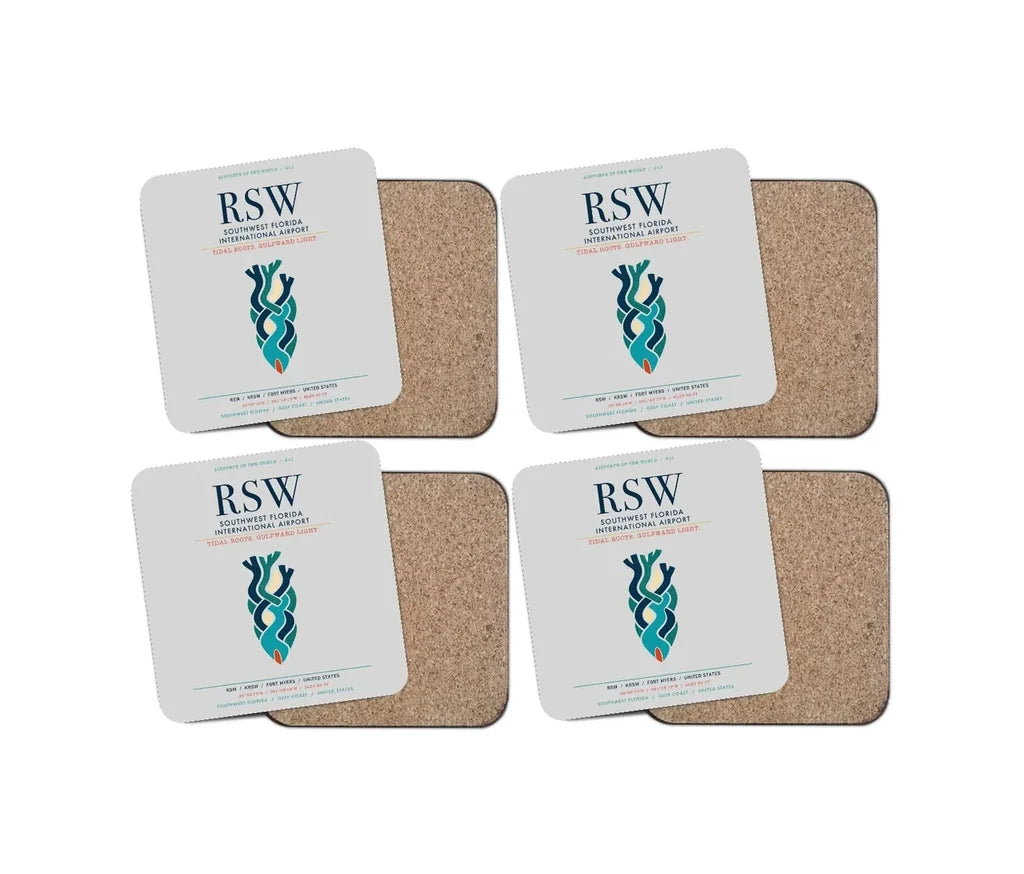 Southwest Florida International Airport (RSW) design on light gray 4 pieces set coaster