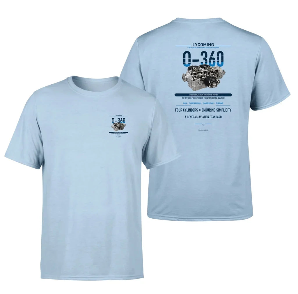 O-360 design on light blue t shirt