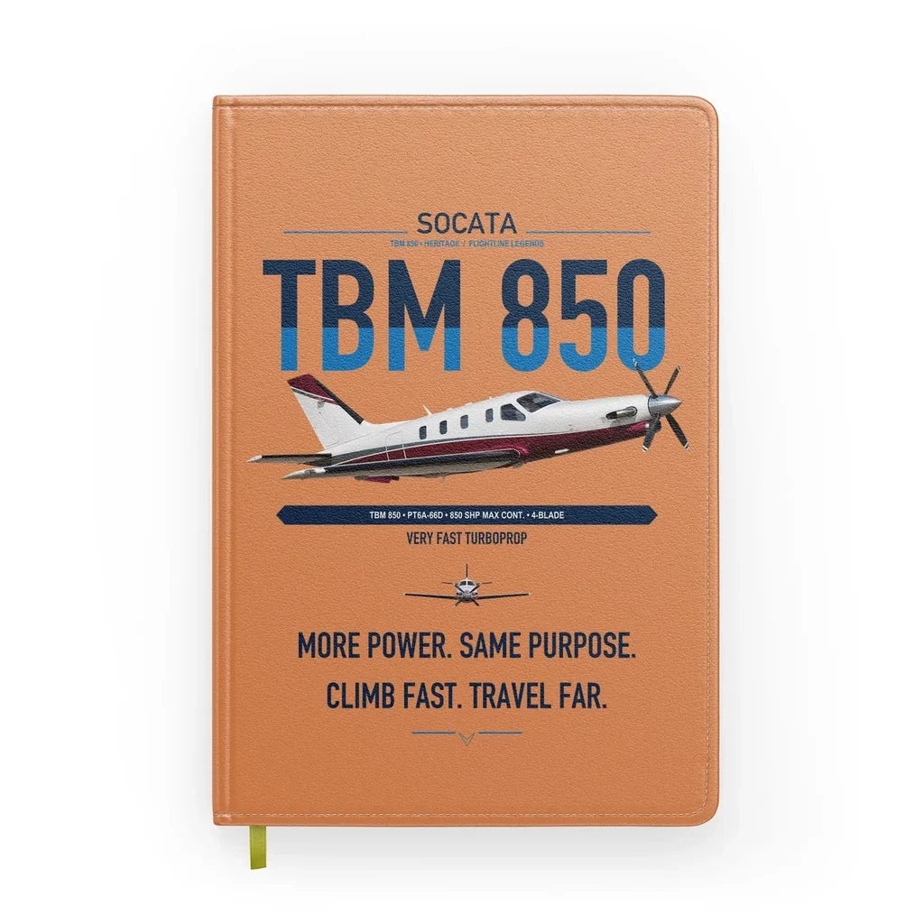 Socata TBM 850 design on orange notebook