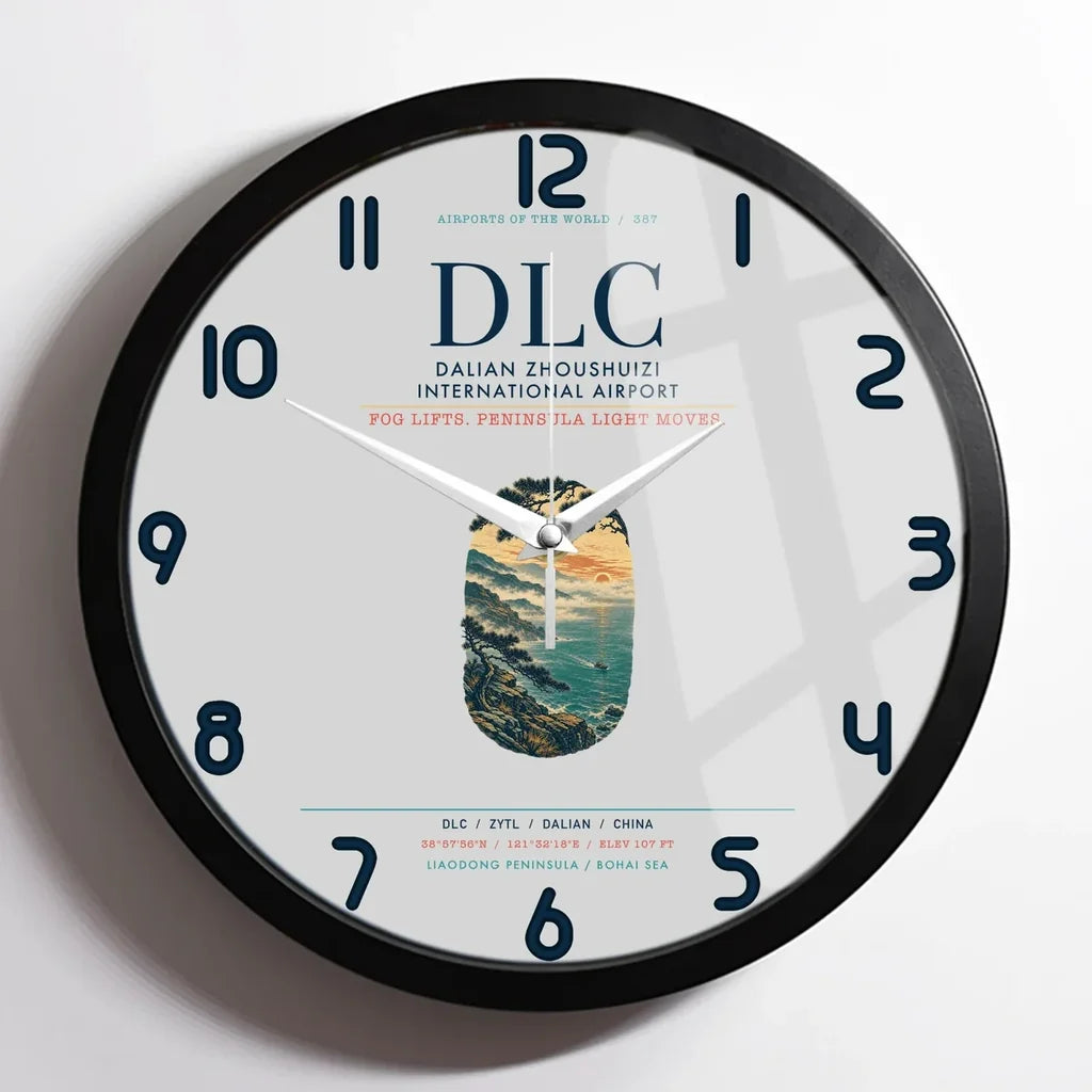 Dalian Zhoushuizi International Airport (DLC) design on light gray framed wall clock