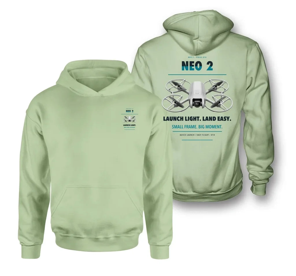 DJI Neo 2 design on light green hoodie