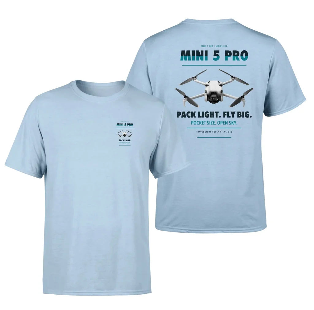 DJI Mini 5 Pro design on light blue t shirt