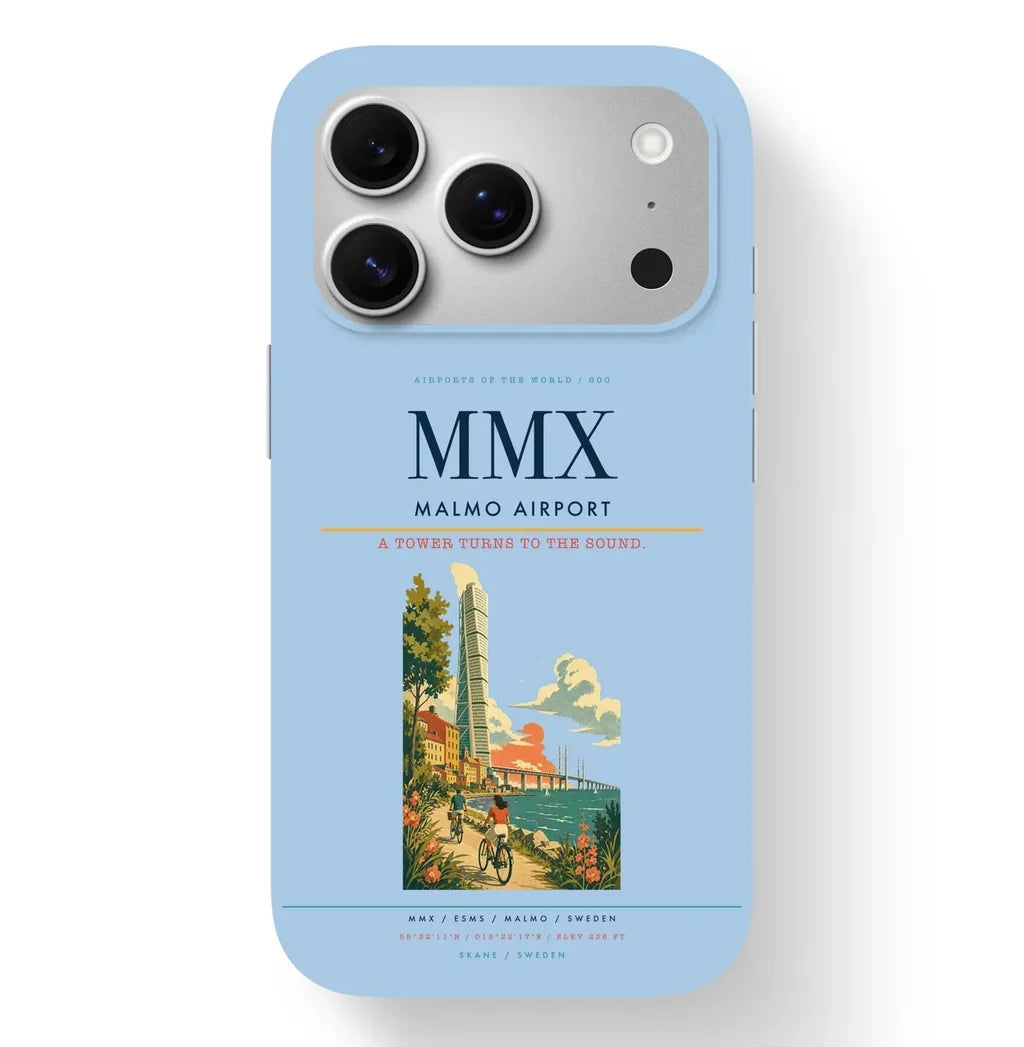 Malmo Airport (MMX) design on light blue iPhone 17 Pro MagSafe case
