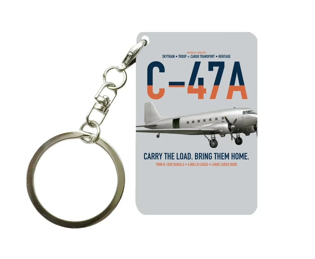 C-47A Skytrain design on light gray designed key chain, double-side print