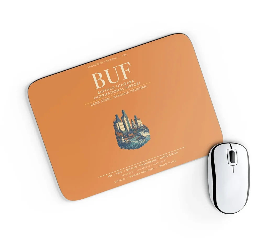 Buffalo Niagara International Airport (BUF) design on orange rectangle mouse pad