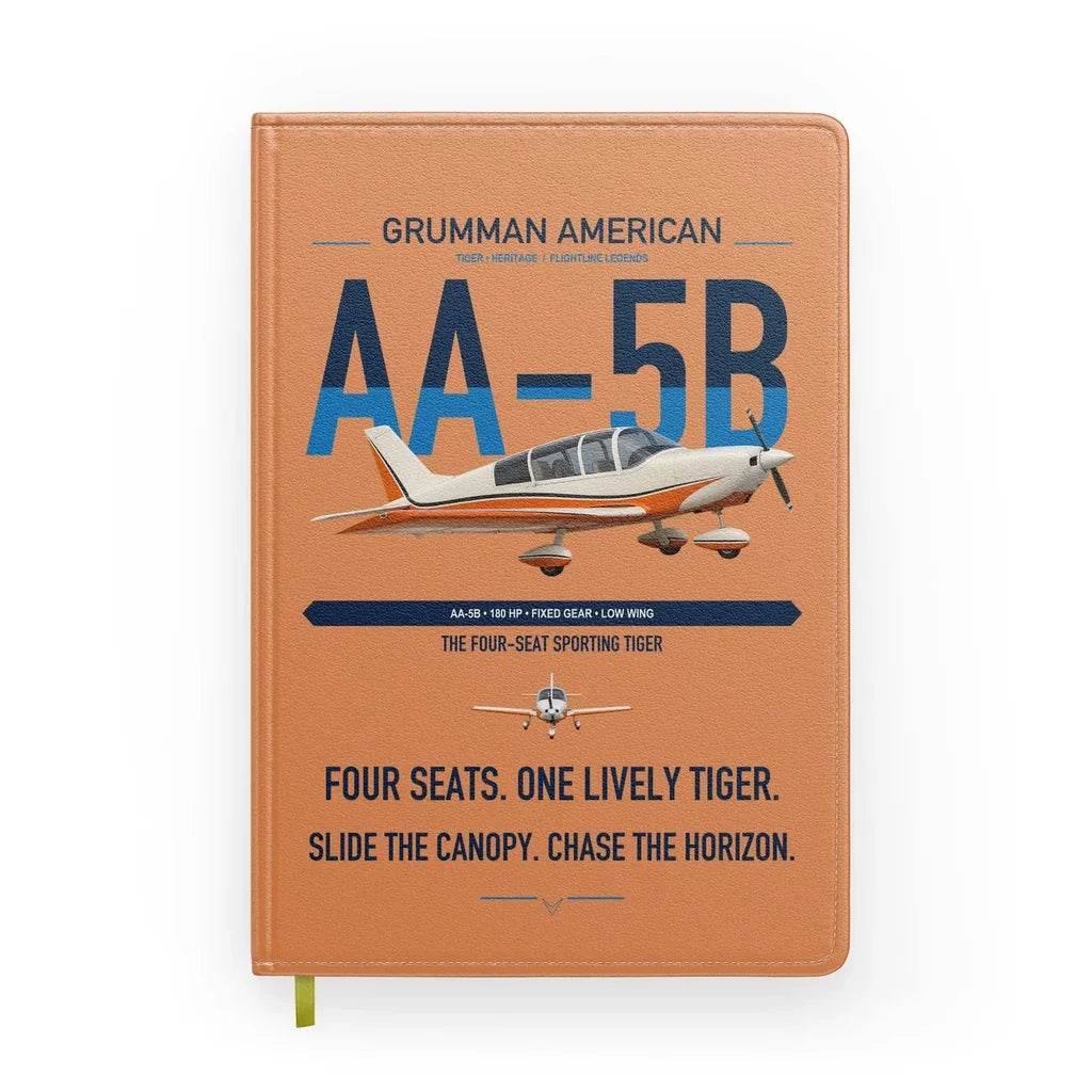 Grumman American AA-5B Tiger design on orange notebook