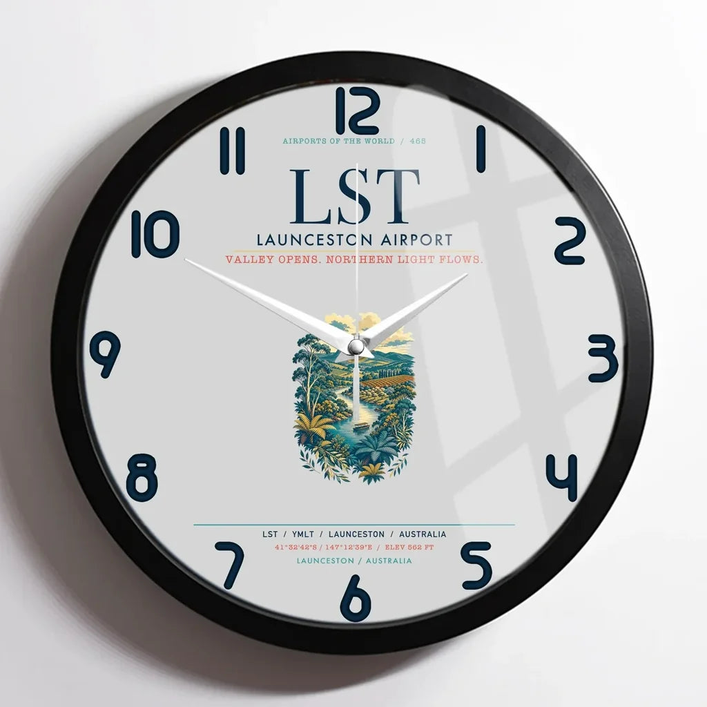 Launceston Airport (LST) design on light gray framed wall clock