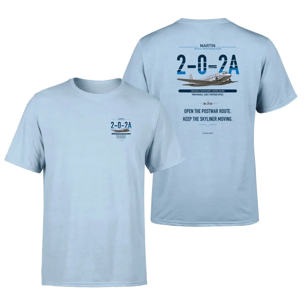 Martin 2-0-2A design on light blue t shirt