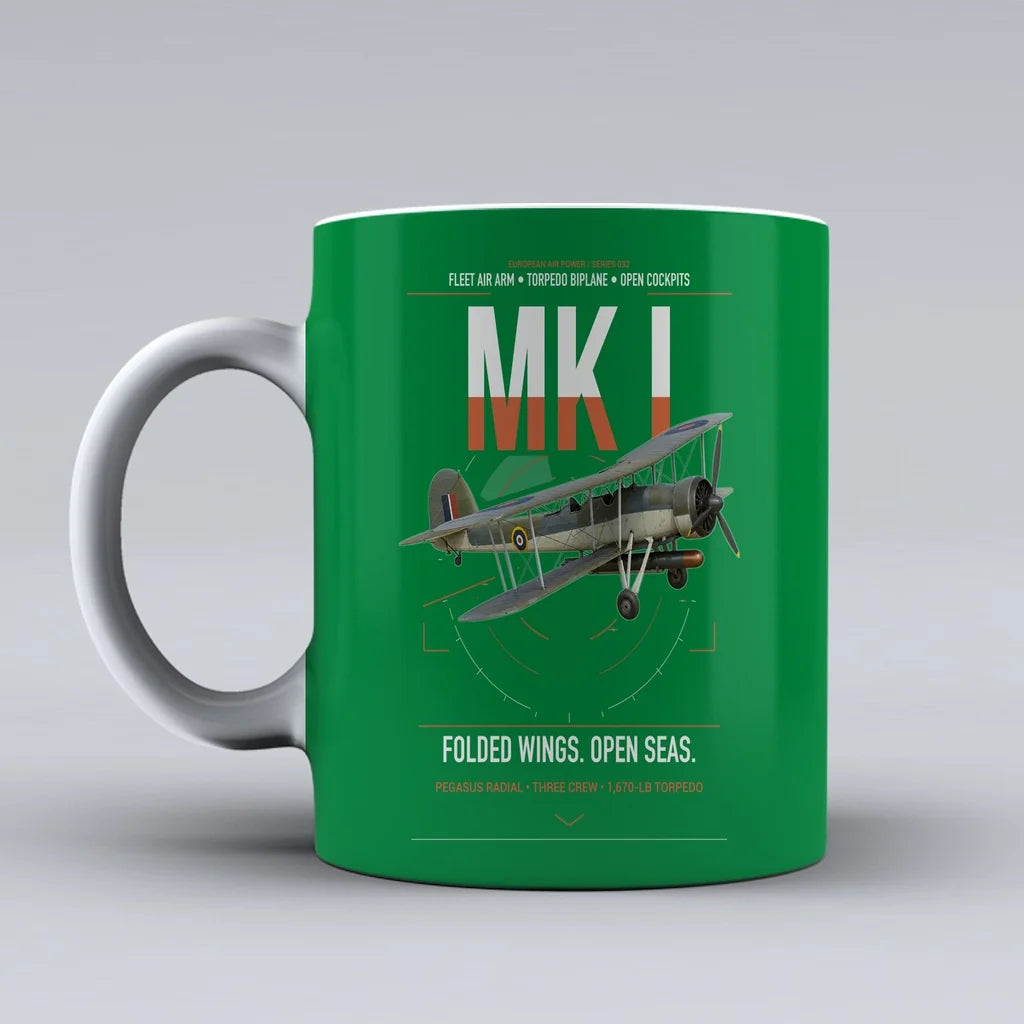 Fairey Swordfish Mk I design on green ceramic mug, double-side print