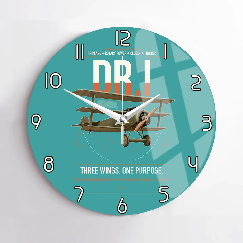 Fokker Dr.I design on turquoise no frame wall clock