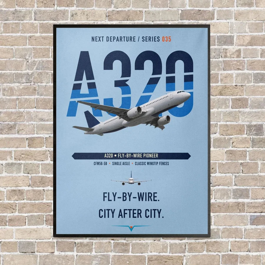 Airbus A320 vertical canvas print - framed - light blue background