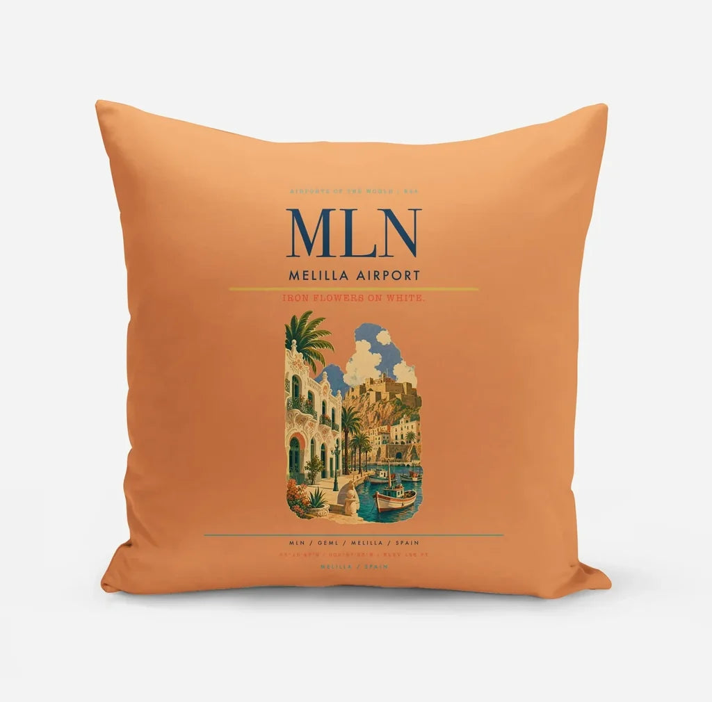 Melilla Airport (MLN) design on orange pillow