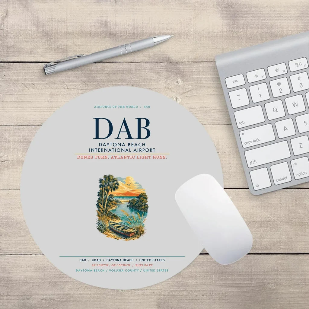 Daytona Beach International Airport (DAB) design on light gray round mouse pad