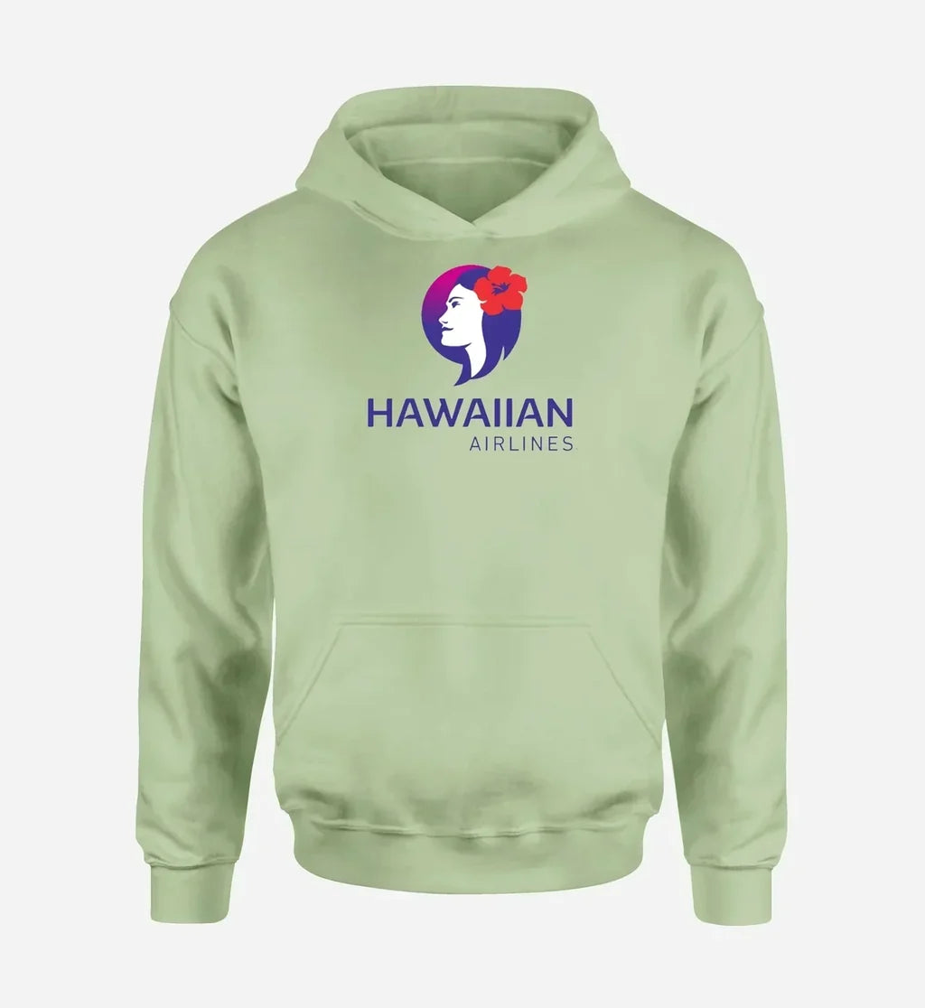 Hawaiian Airlines logo printed on light green hoodie