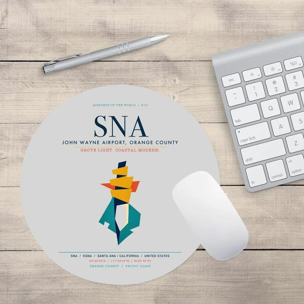 John Wayne Airport, Orange County (SNA) design on light gray round mouse pad