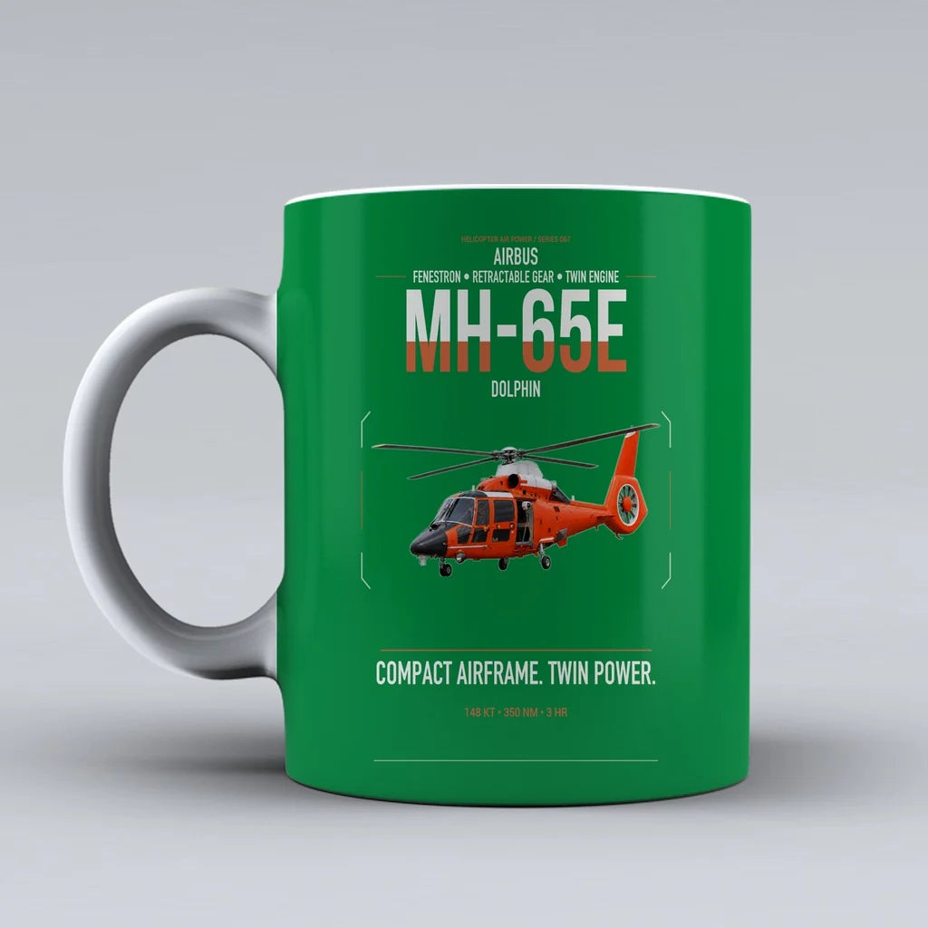 Airbus MH-65E Dolphin design on green ceramic mug, double-side print