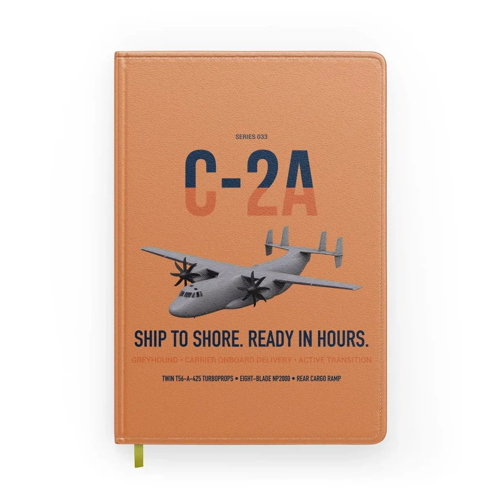 C-2A Greyhound design on orange notebook