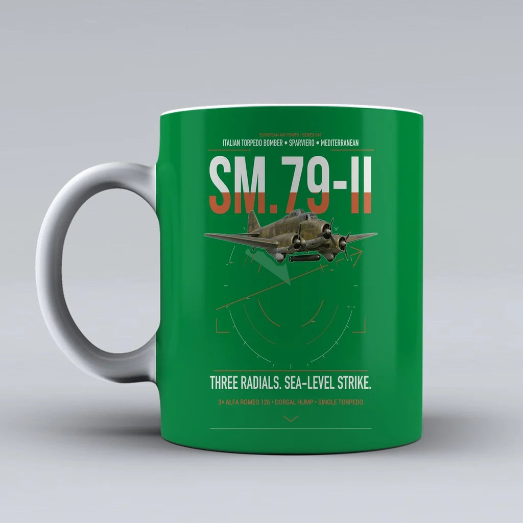 Savoia-Marchetti SM.79-II Sparviero design on green ceramic mug, double-side print