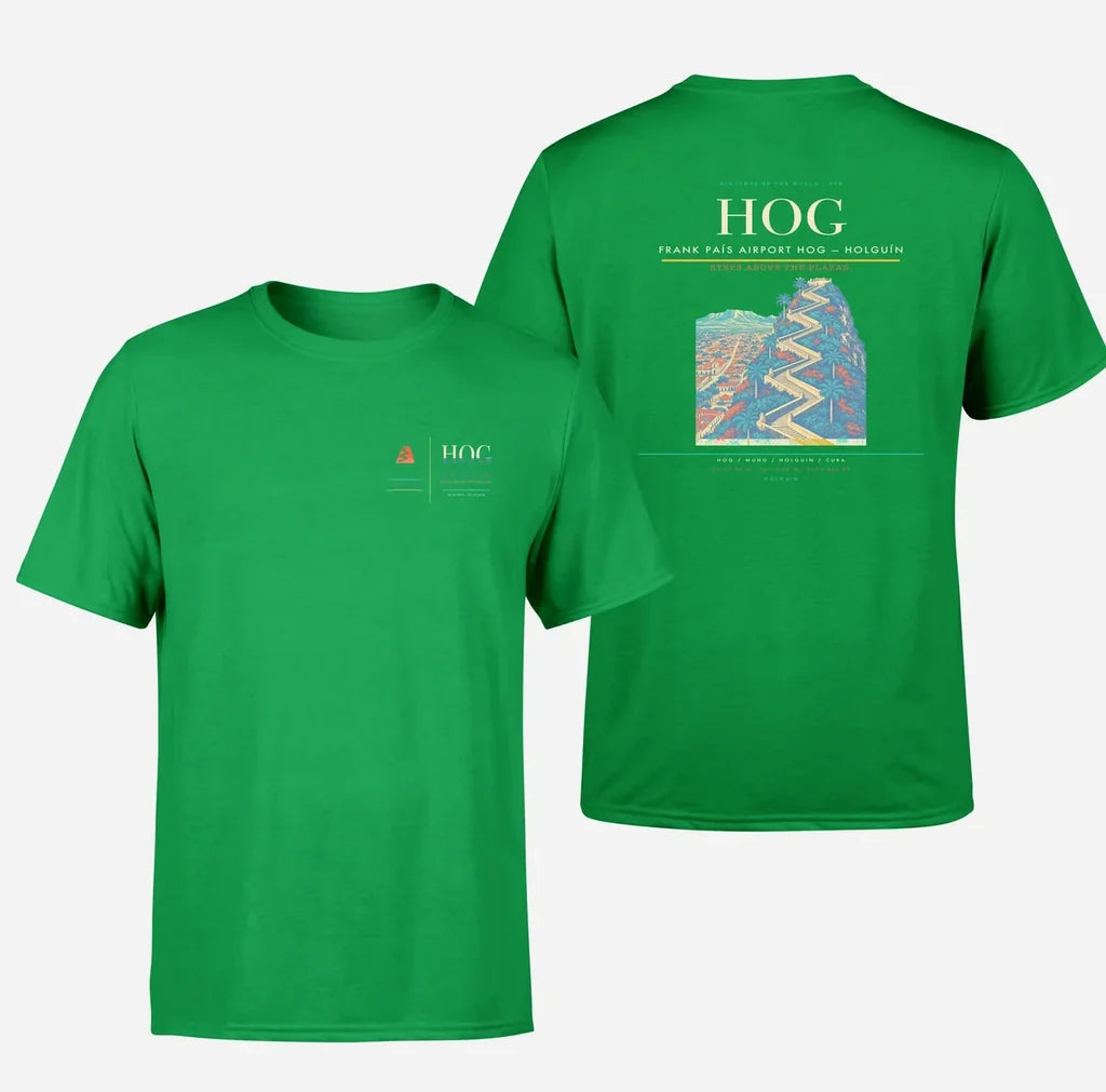 Frank País Airport (HOG) design printed on green double-side t-shirt