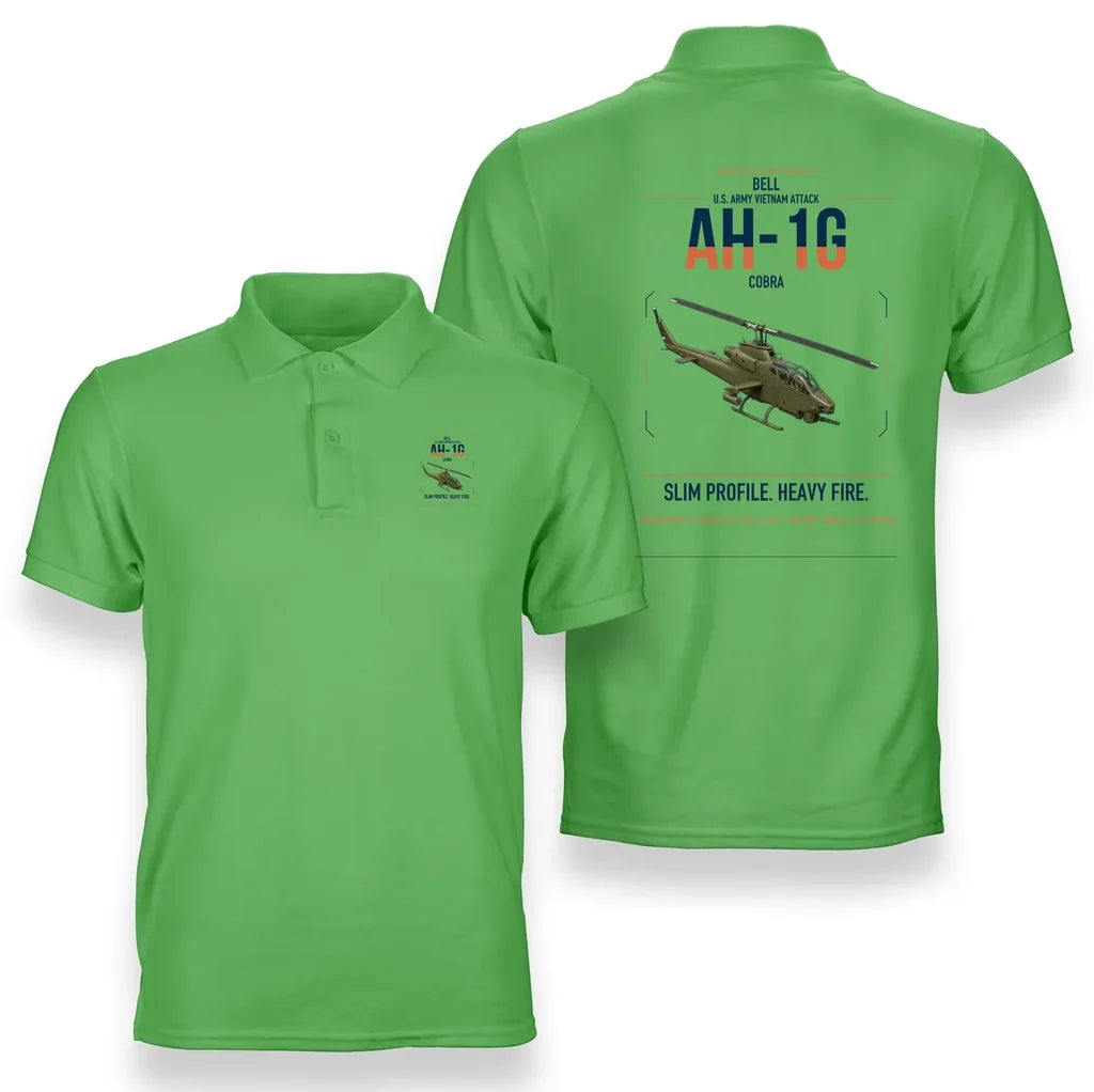 Bell AH-1G Cobra design on light green double-side polo t-shirt, double-side print