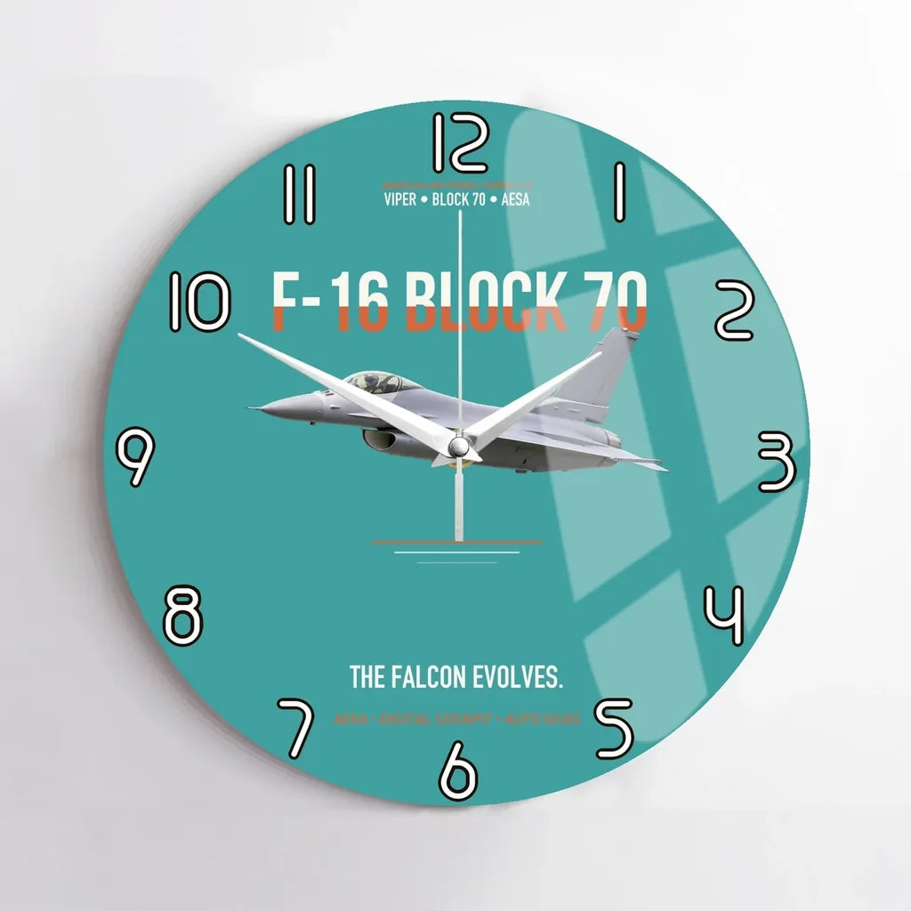 F-16 Block 70 The Falcon Evolves design on turquoise no frame wall clock