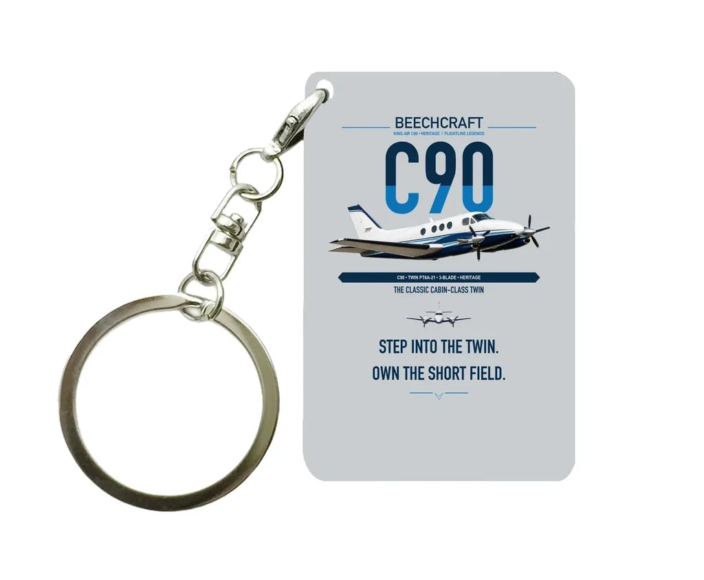 Beechcraft King Air C90 design on light gray designed key chain, double-side print