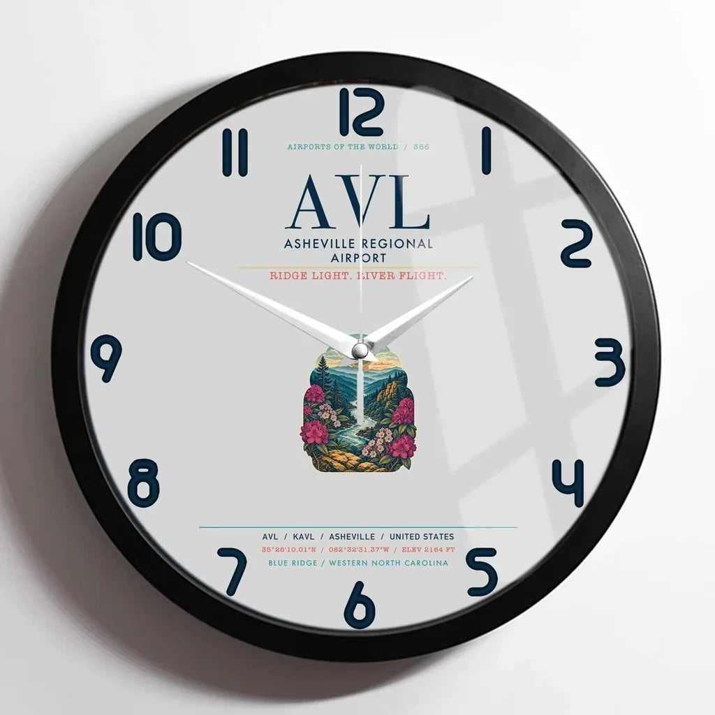 Asheville Regional Airport (AVL) design on light gray framed wall clock