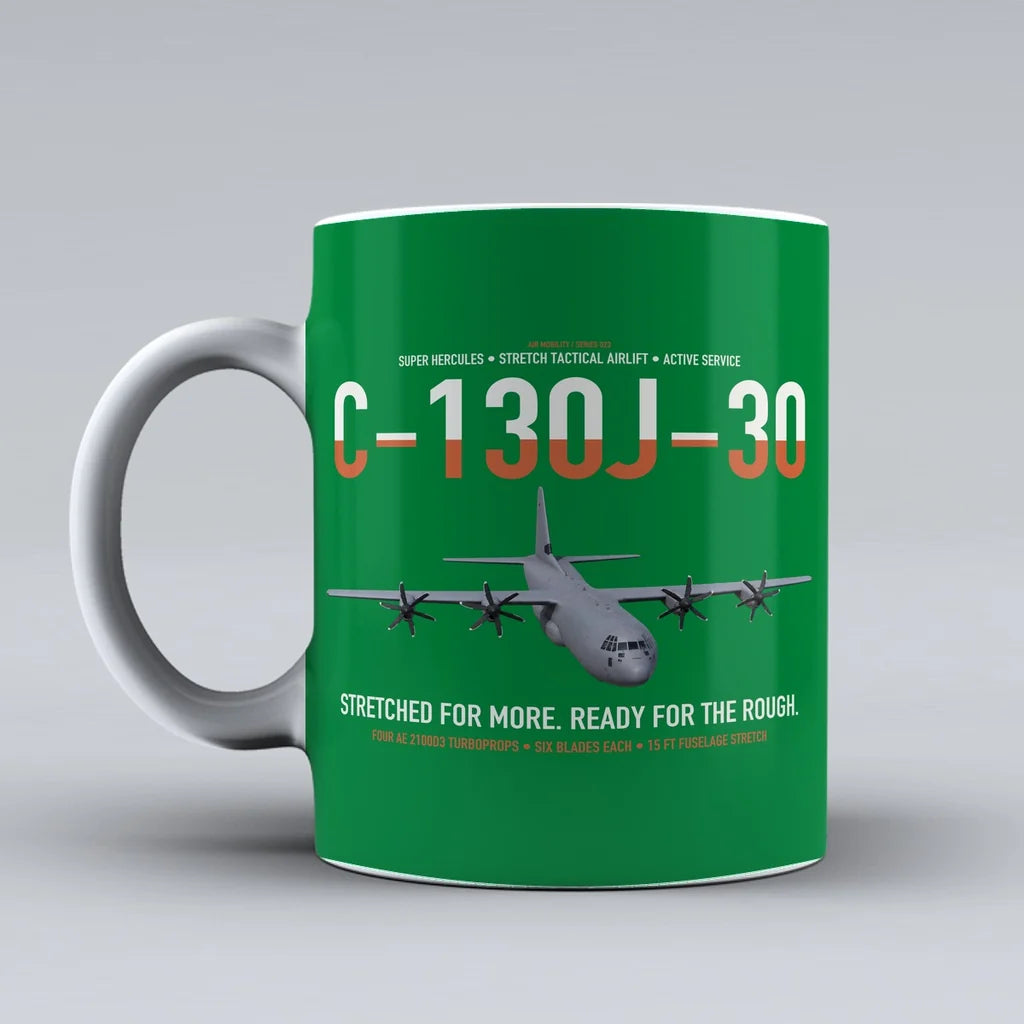 C-130J-30 Super Hercules design on green ceramic mug, double-side print