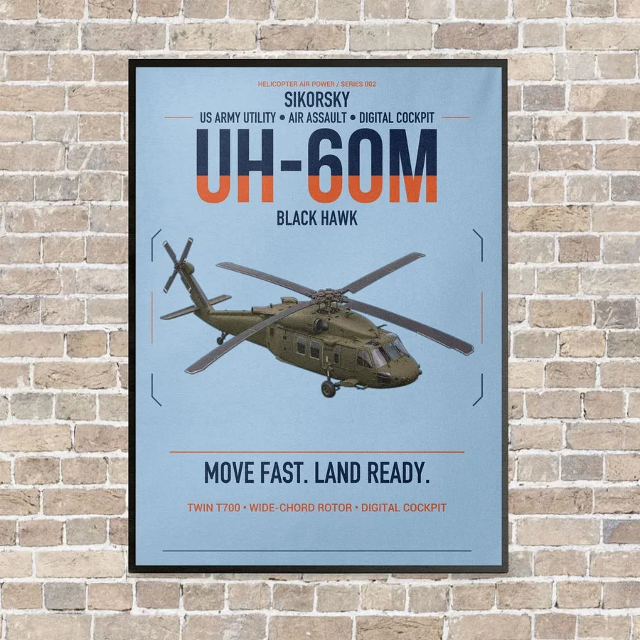 Sikorsky UH-60M Black Hawk vertical canvas print - framed - light blue background