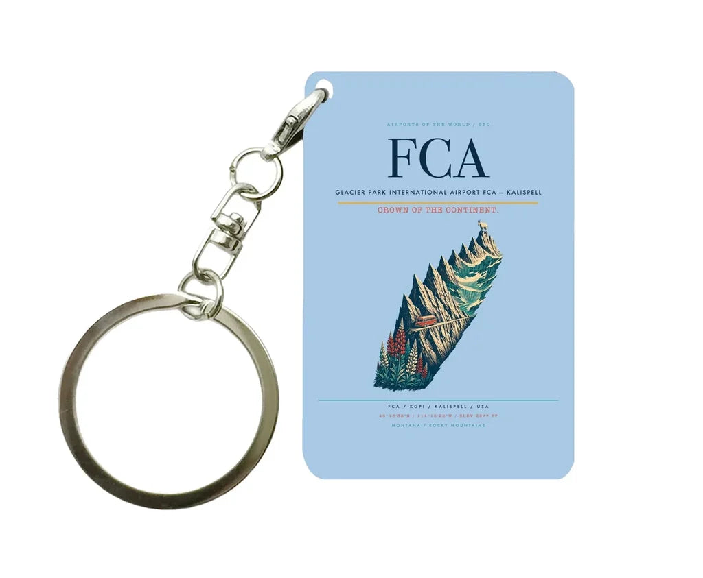 Glacier Park International Airport (FCA) design on light blue key chain
