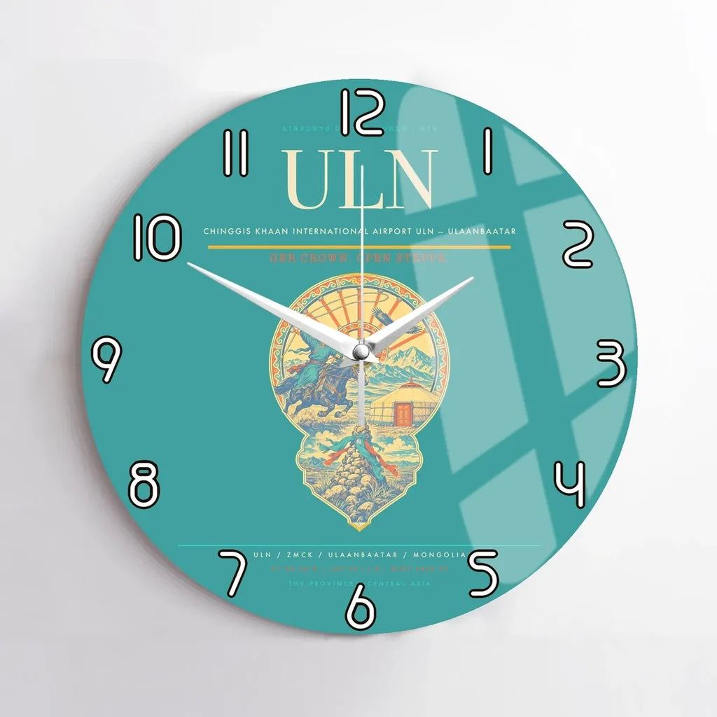 Chinggis Khaan International Airport (ULN) design on turquoise no frame wall clock