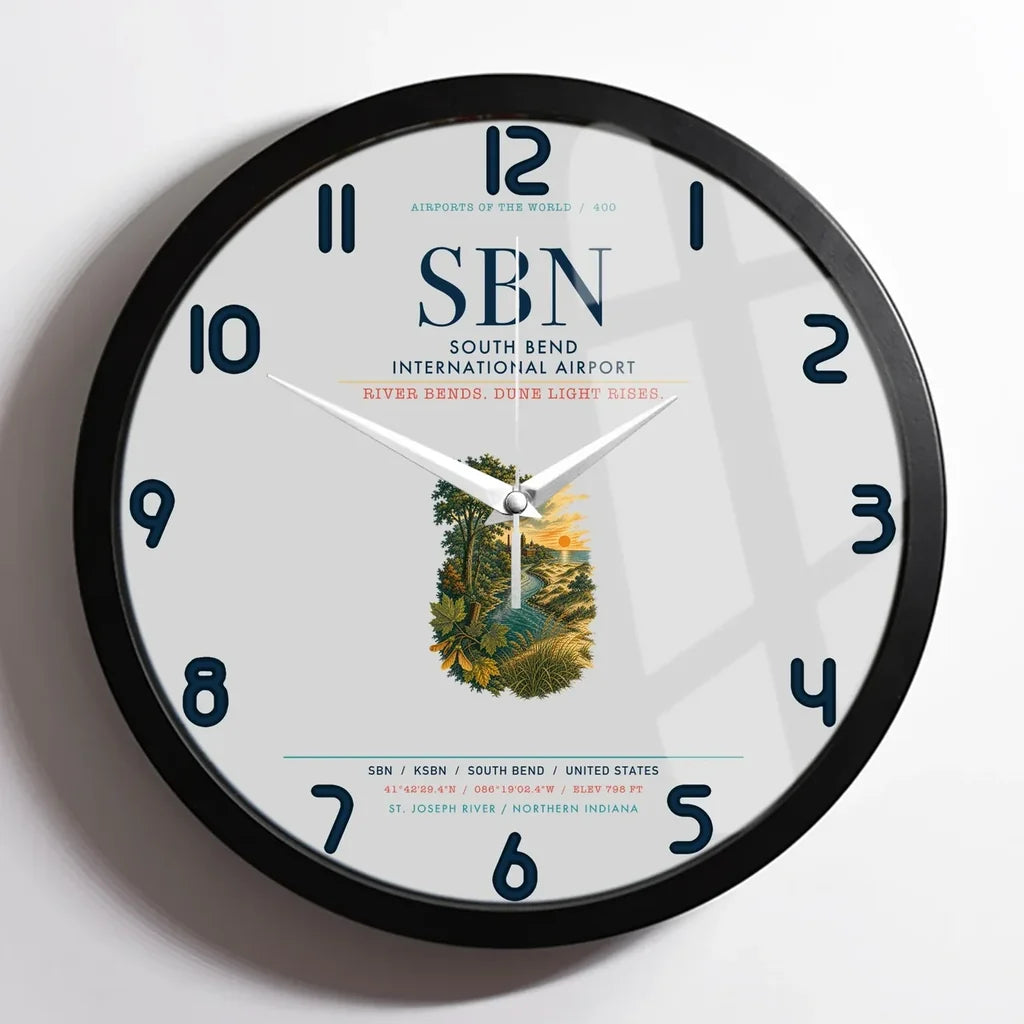 South Bend International Airport (SBN) design on light gray framed wall clock