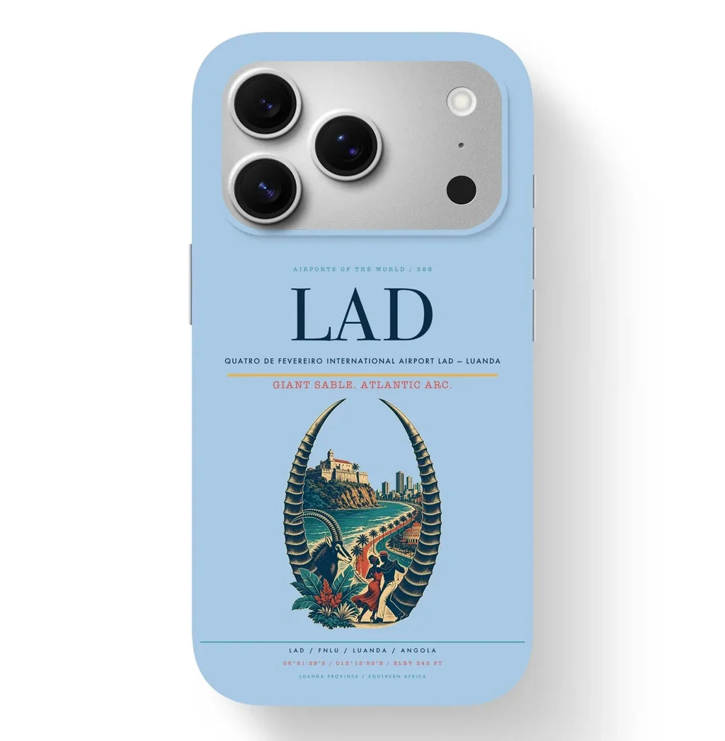 Luanda Airport (LAD) design on light blue iPhone 17 Pro MagSafe case