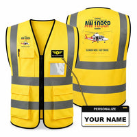 Thumbnail for Leonardo AW109SP GrandNew aviation design on yellow high-visibility reflective vest with custom name badge