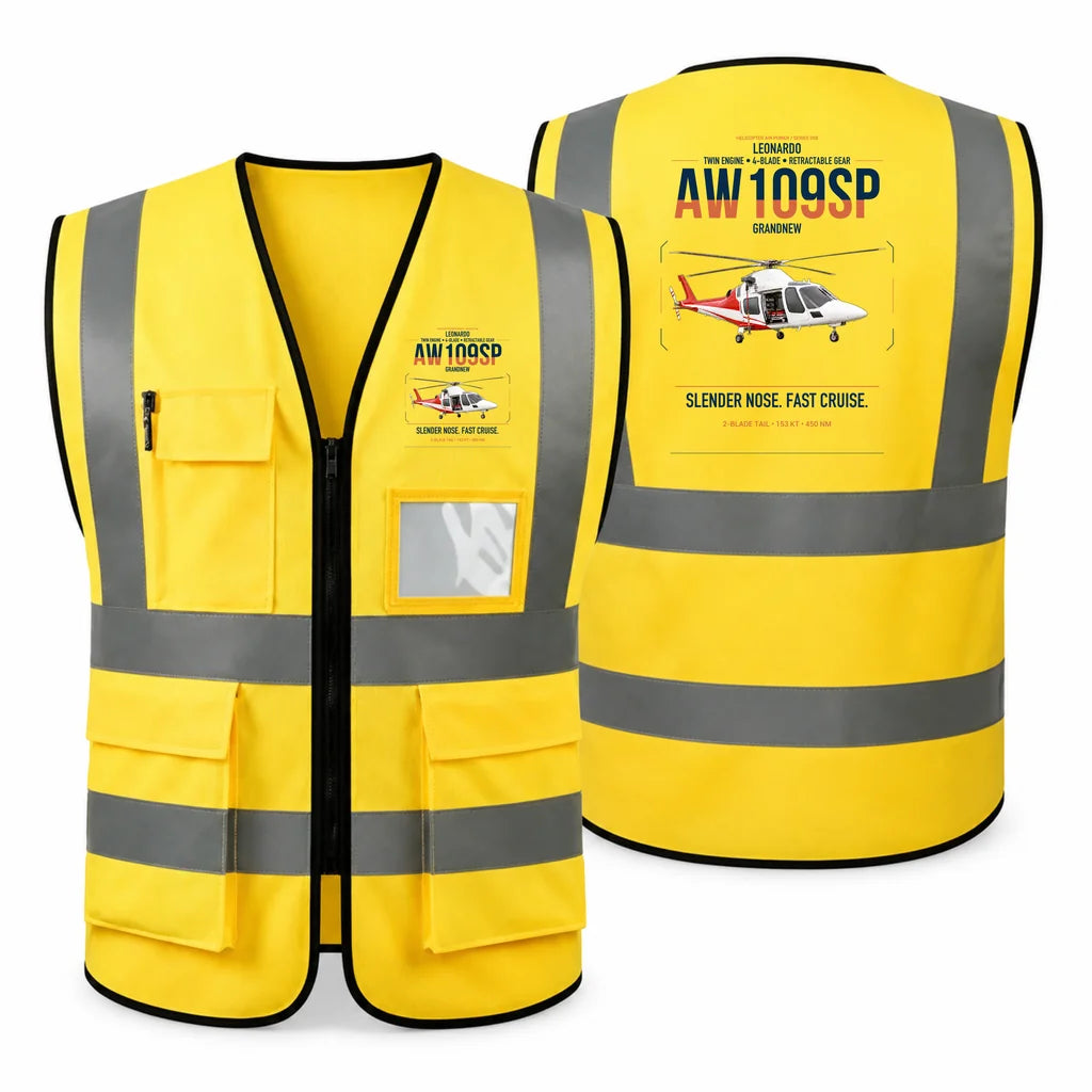 Leonardo AW109SP GrandNew aviation design on yellow high-visibility reflective vest