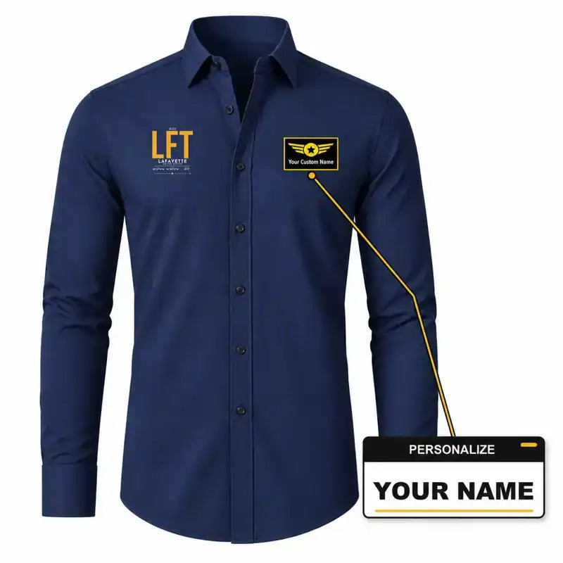 Lafayette Regional Airport (LFT) Shirts - Long Sleeve Shirt - Tag - Dark Blue + NAME