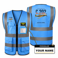 Thumbnail for Macchi C.202 Folgore aviation design on blue high-visibility reflective vest with custom name badge