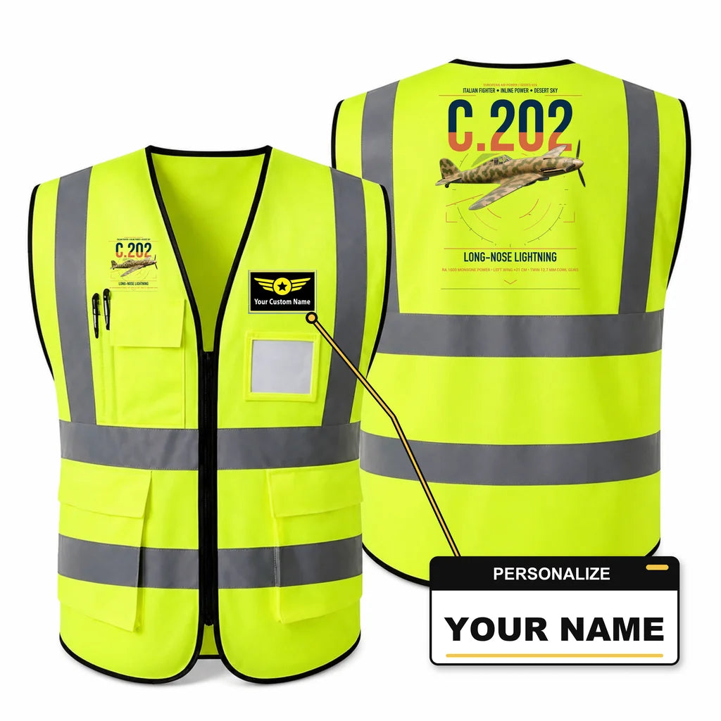 Macchi C.202 Folgore aviation design on fluorescent green high-visibility reflective vest with custom name badge