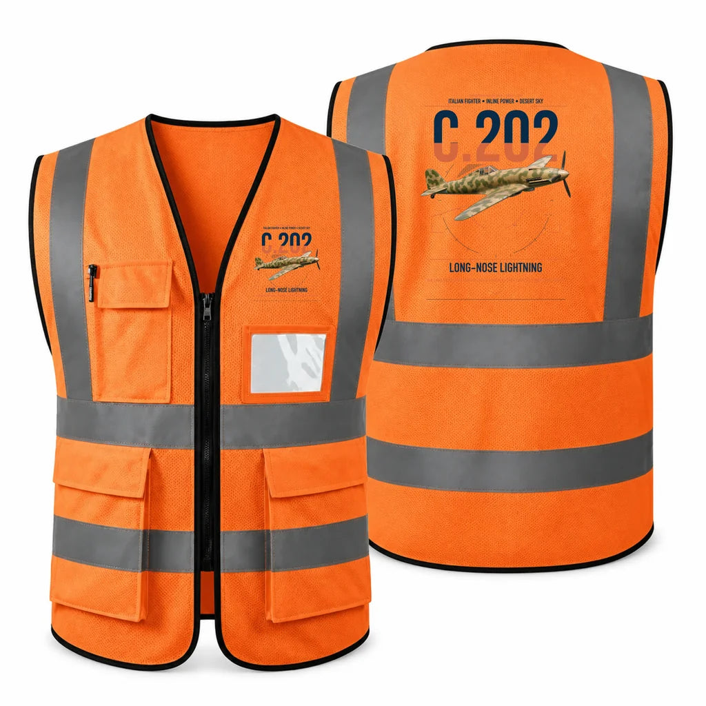 Macchi C.202 Folgore aviation design on orange high-visibility reflective vest