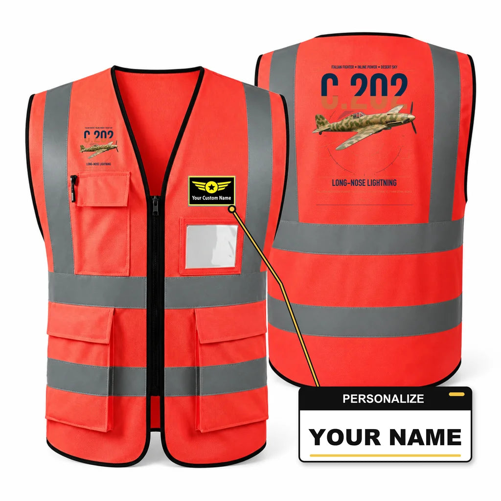 Macchi C.202 Folgore aviation design on red high-visibility reflective vest with custom name badge