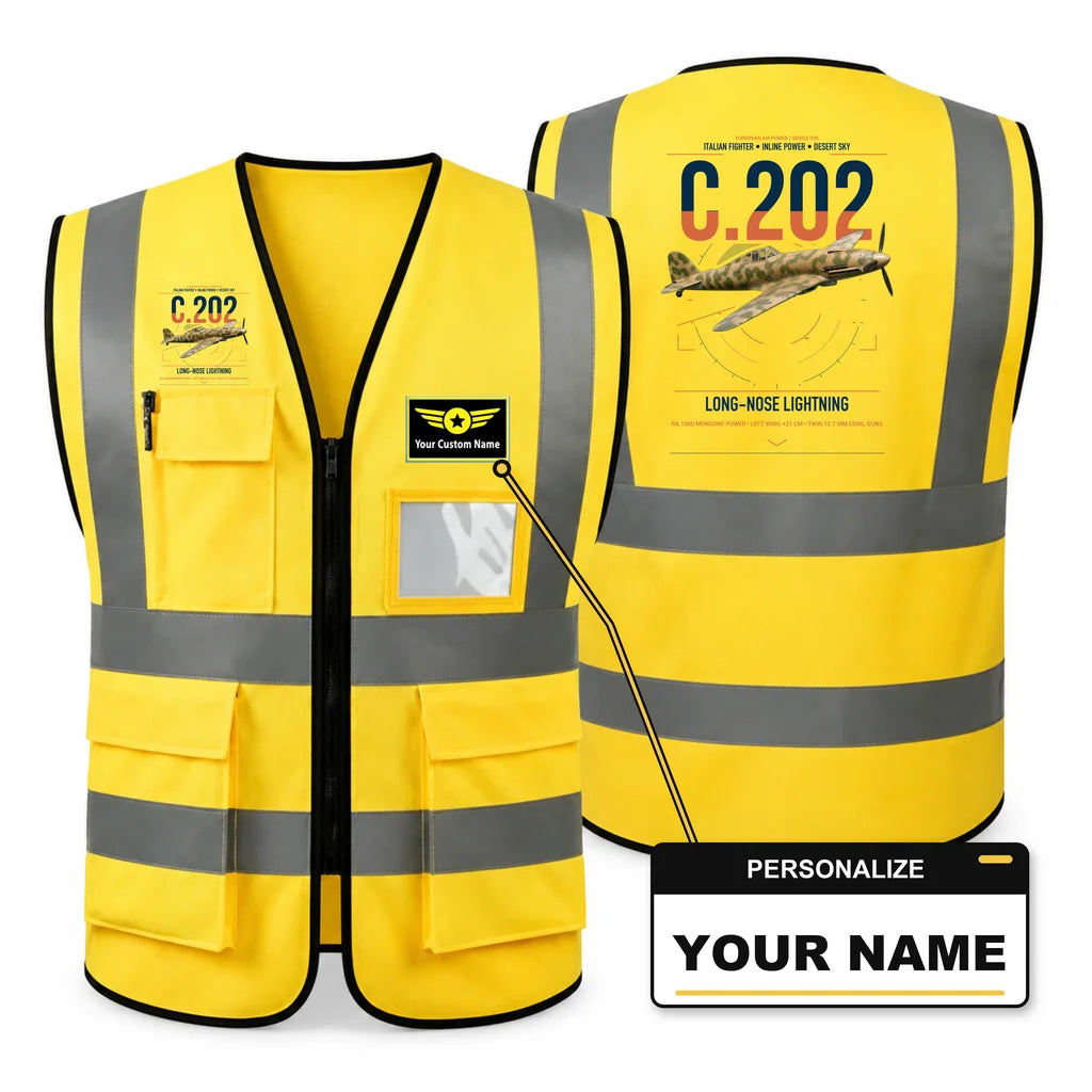 Macchi C.202 Folgore aviation design on yellow high-visibility reflective vest with custom name badge