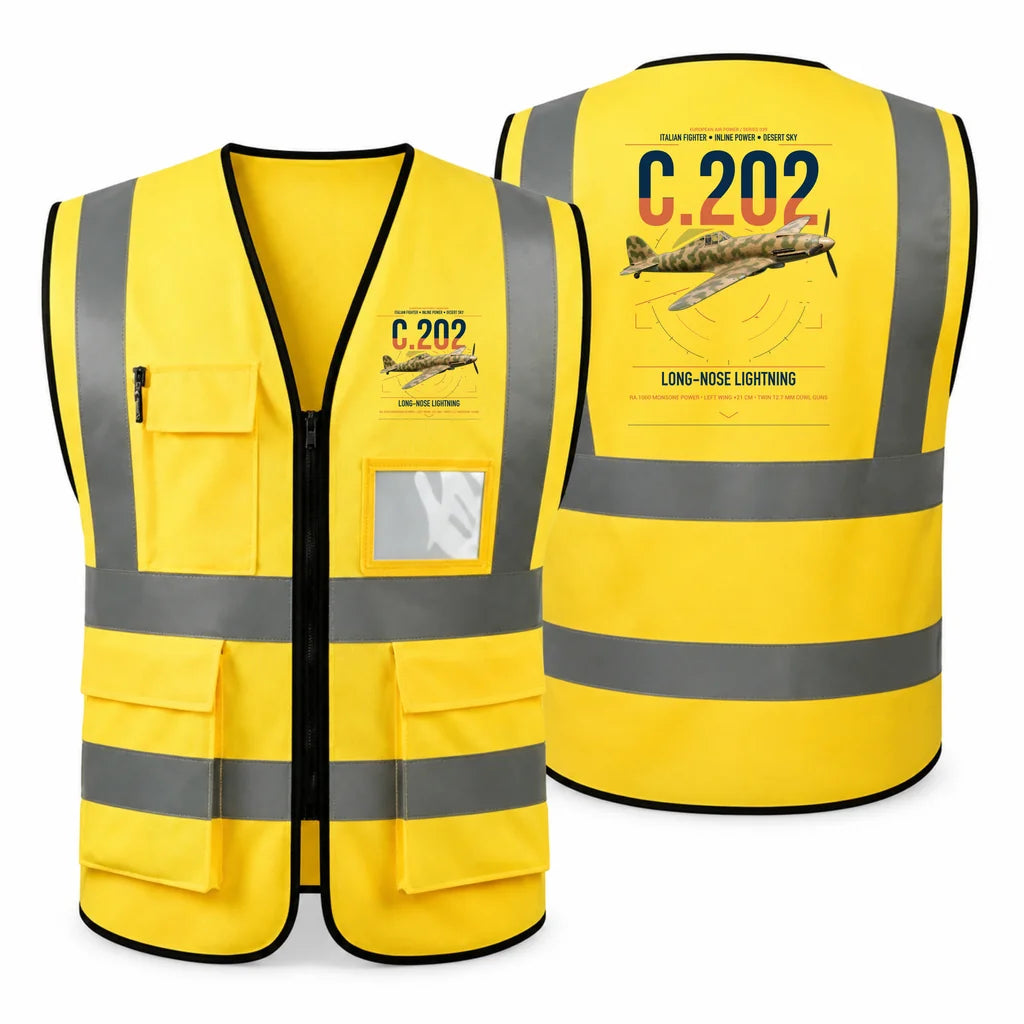 Macchi C.202 Folgore aviation design on yellow high-visibility reflective vest