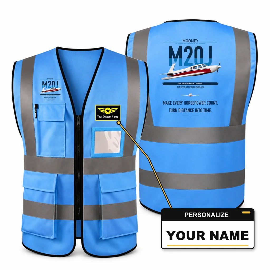 Mooney M20J 201 aviation design on blue high-visibility reflective vest with custom name badge