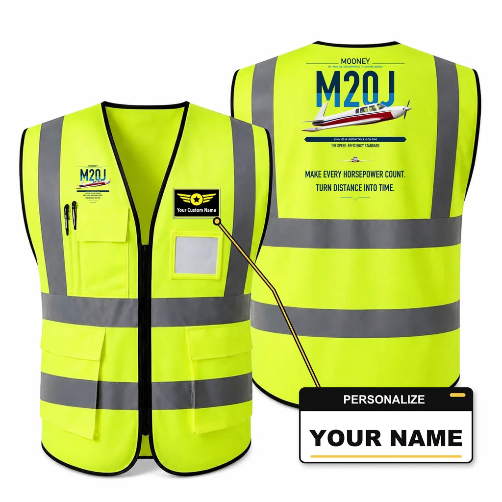 Mooney M20J 201 aviation design on fluorescent green high-visibility reflective vest with custom name badge