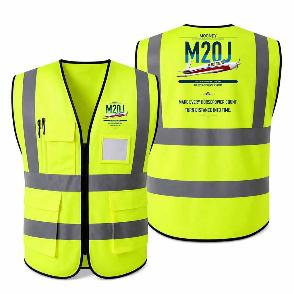 Mooney M20J 201 aviation design on fluorescent green high-visibility reflective vest