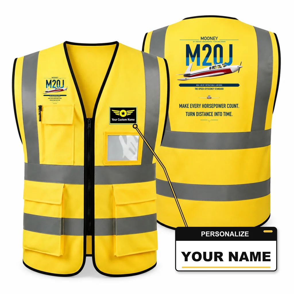 Mooney M20J 201 aviation design on yellow high-visibility reflective vest with custom name badge