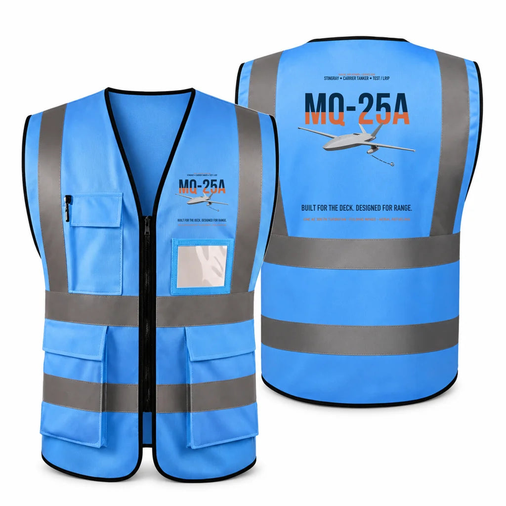 MQ-25A STINGRAY aviation design on blue high-visibility reflective vest
