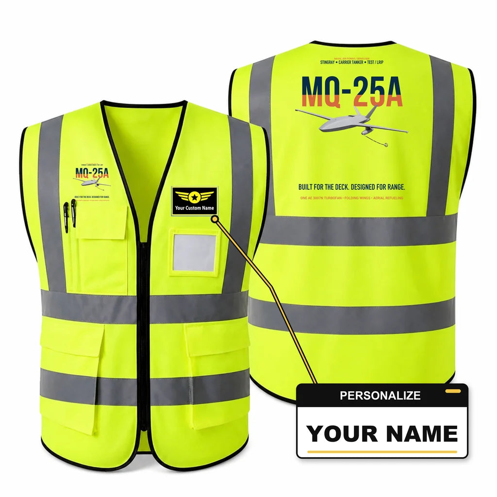 MQ-25A STINGRAY aviation design on fluorescent green high-visibility reflective vest with custom name badge