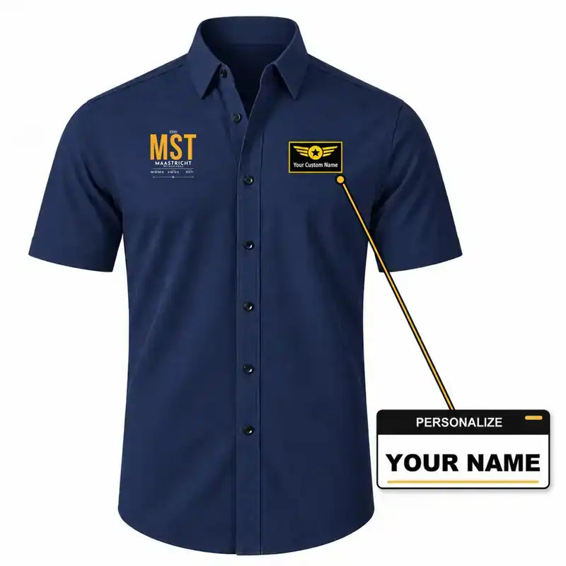 Maastricht Aachen Airport (MST) Shirts - Short Sleeve Shirt - Tag - Dark Blue + NAME