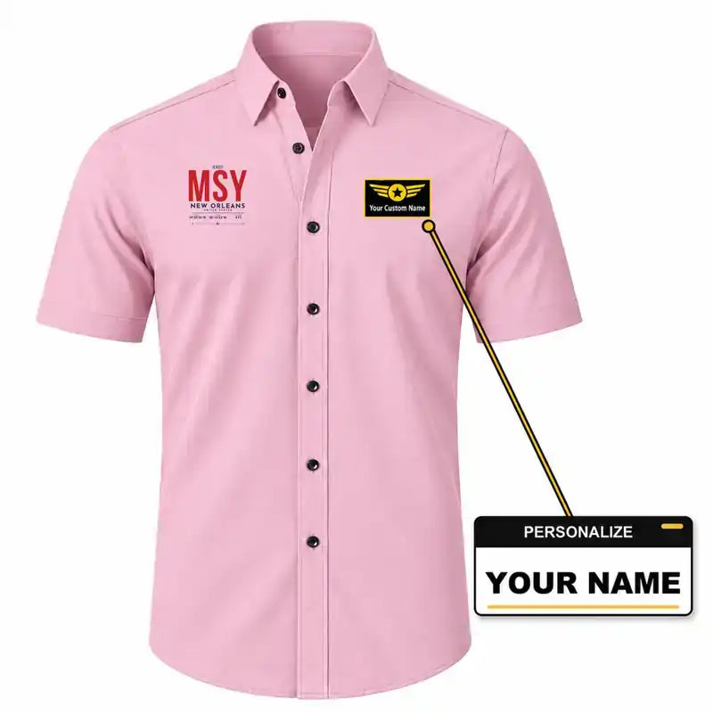 Louis Armstrong New Orleans International Airport (MSY) Shirts - Short Sleeve Shirt - Tag - Pink + NAME